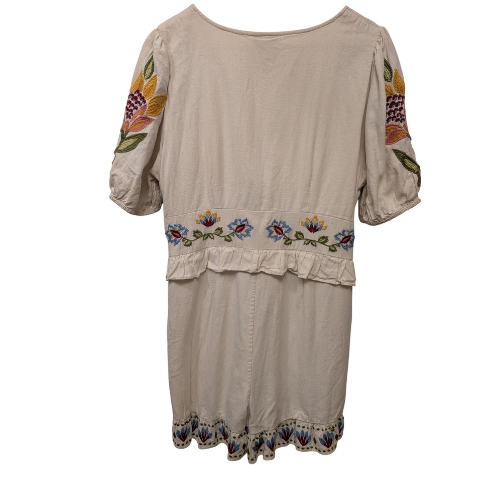 Farm Rio Cream‎ Floral Embroidered Linen Blend Romper V-Neck Puff Sleeve Boho - Picture 3 of 10